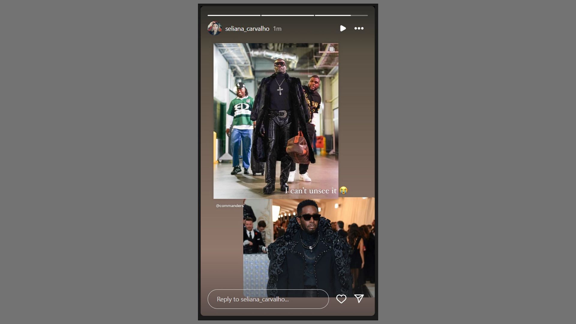 Mike Sainristil&#039;s girlfriend Seliana Carvalho compares boyfriend&#039;s pre-game outfit to Diddy&#039;s all-black outfit (Image Source: instagram.com/seliana_carvalho)