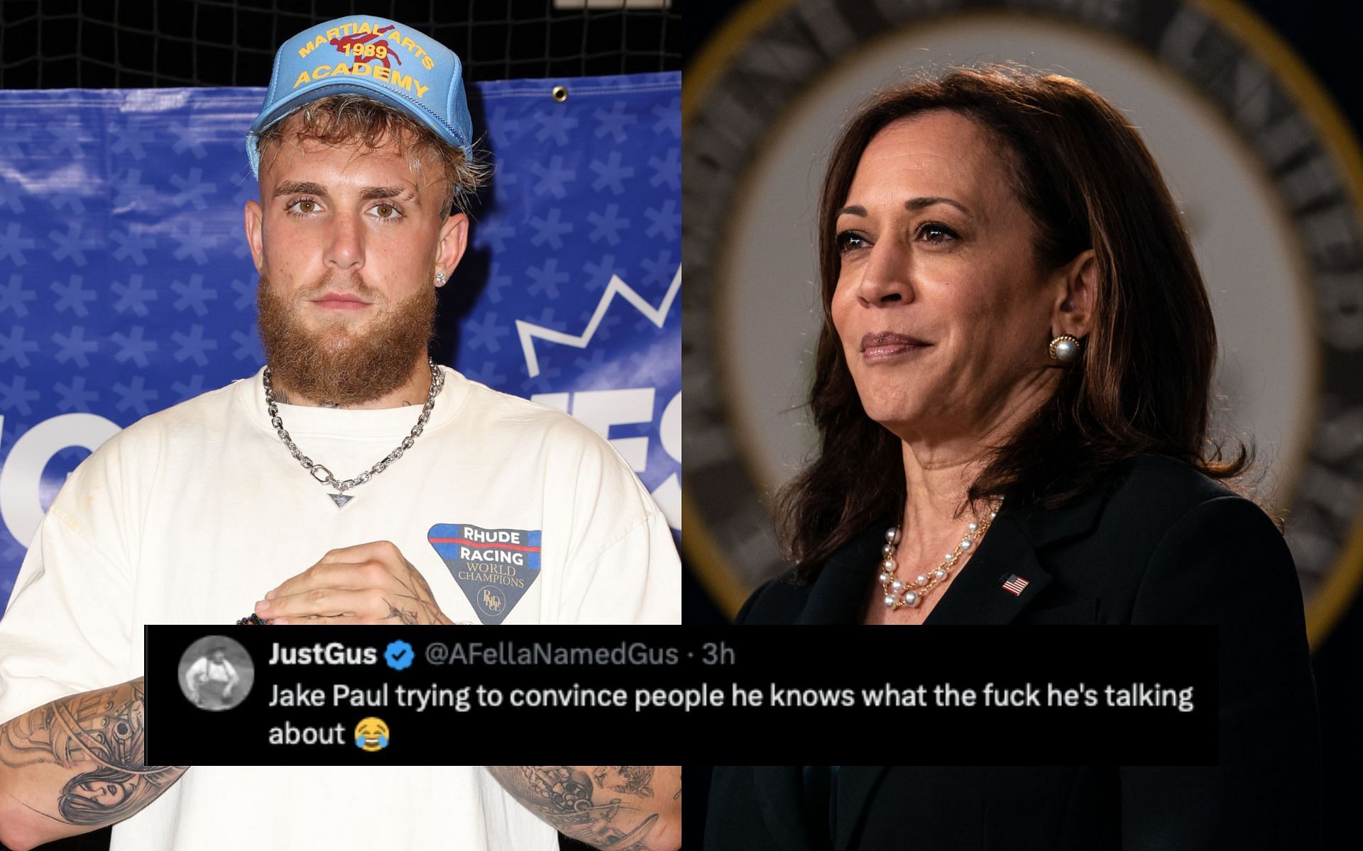 Fans react to Jake Paul (left) discouraging voters from backing Kamala Harris (right). [Image courtesy: Getty Images] 