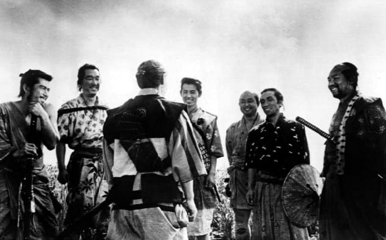 Toshirô Mifune, Minoru Chiaki, Yoshio Inaba, Daisuke Katô, Isao Kimura, Seiji Miyaguchi, and Takashi Shimura in Seven Samurai (Image via Toho Company)