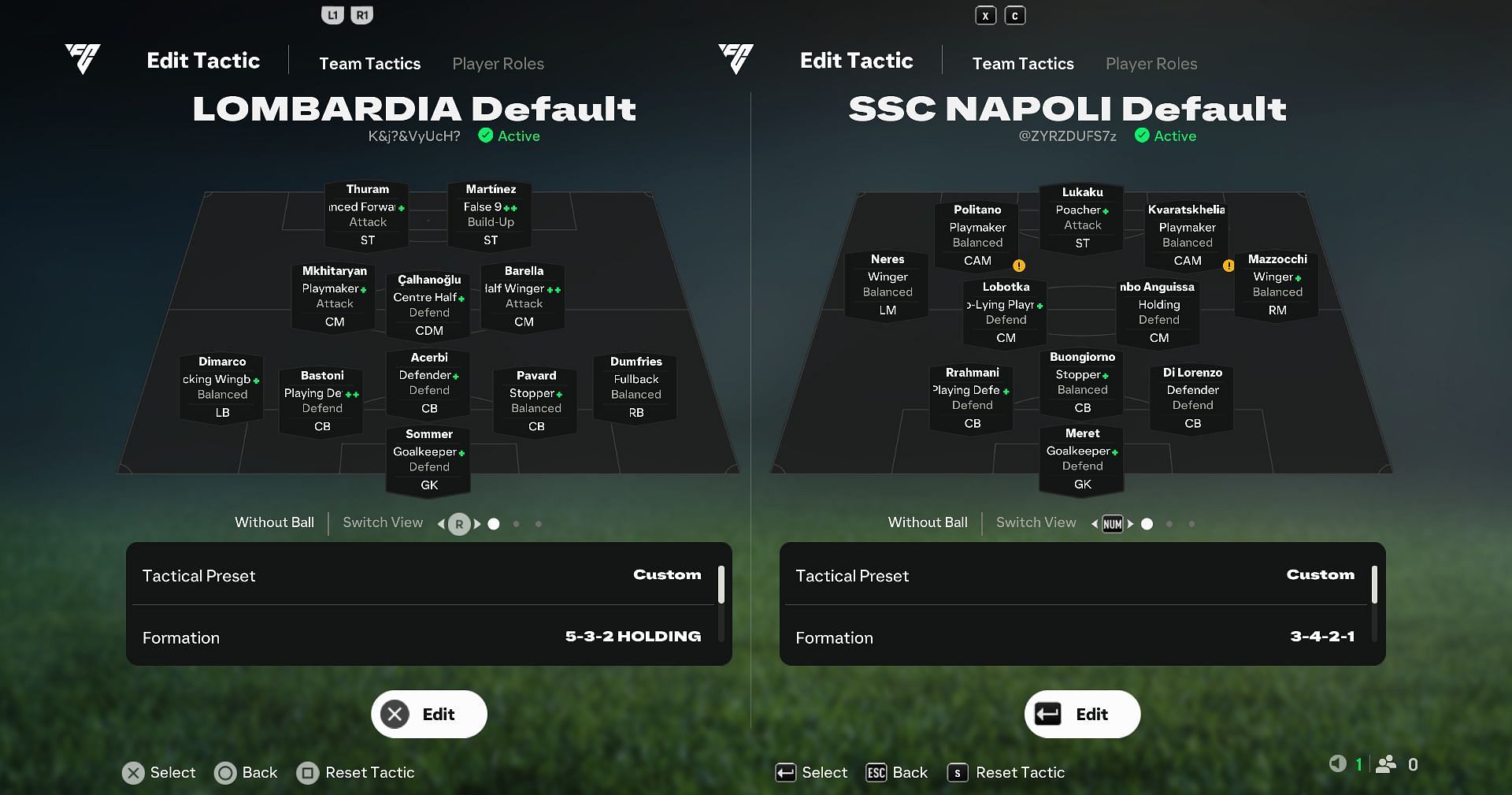 Lombardia FC vs Napoli: Player Roles (Image via EA Sports)