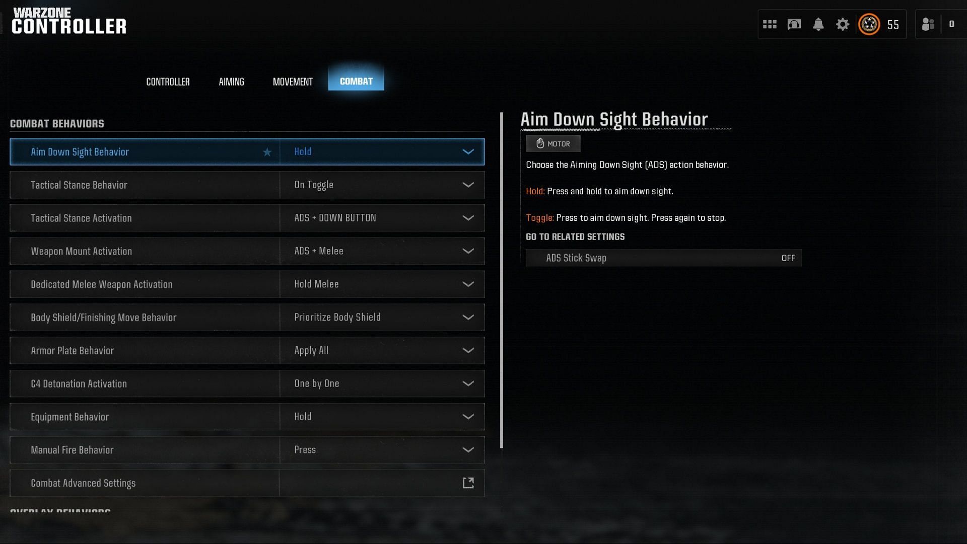 Warzone Combat settings (Image via Activision)