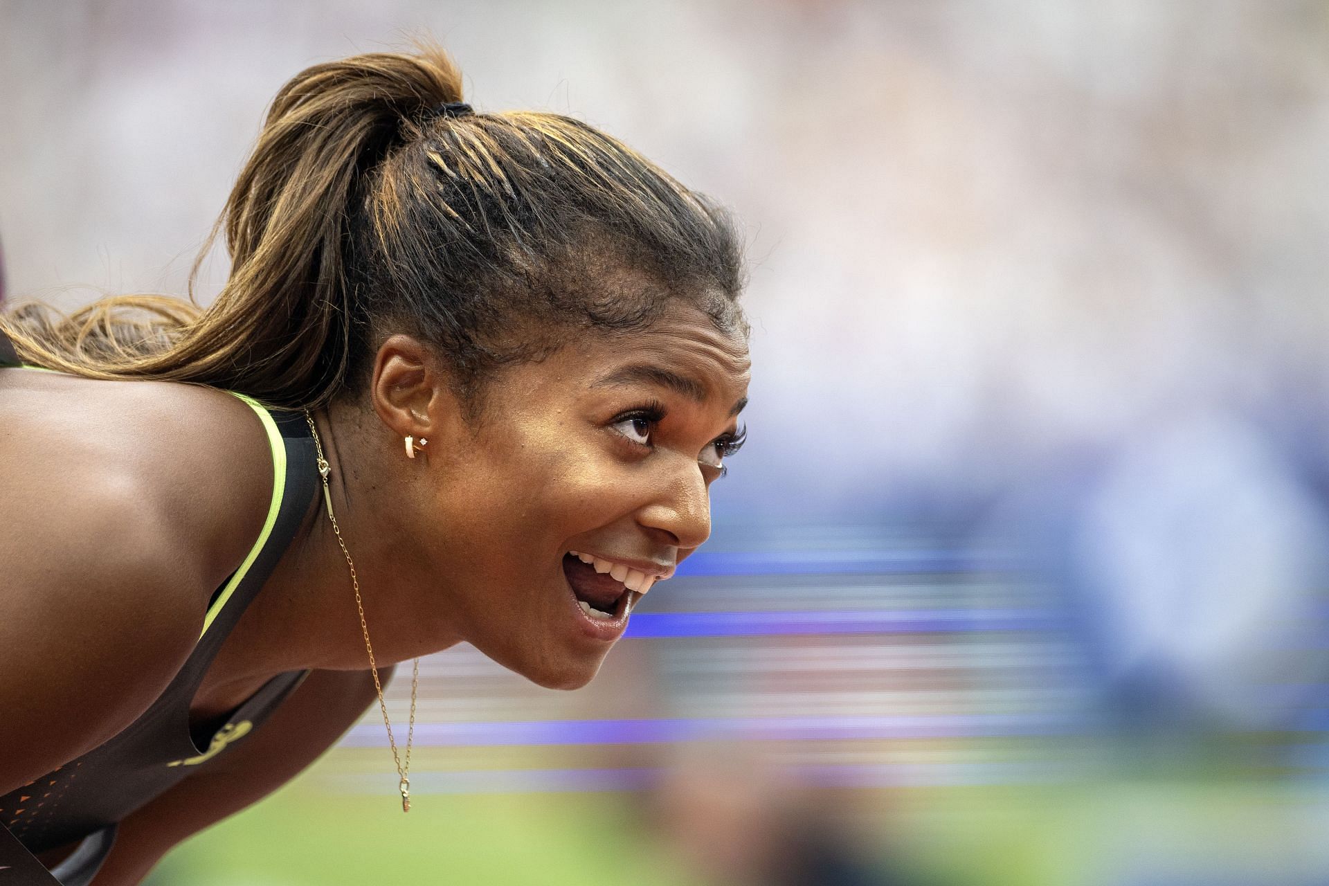 Gabby Thomas after her 200m win at the 2024 Wanda Diamond League London Athletics Meet - (Image Source: Getty)