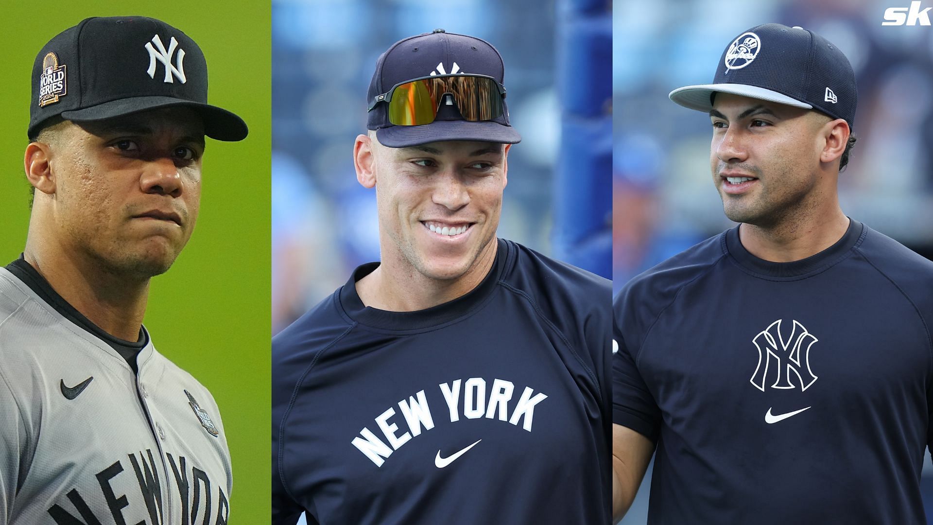 New York Yankees outfielder Aaron Judge smiles during batting practice before game 3 of the ALDS against the Kansas City Royals (Source: Getty)