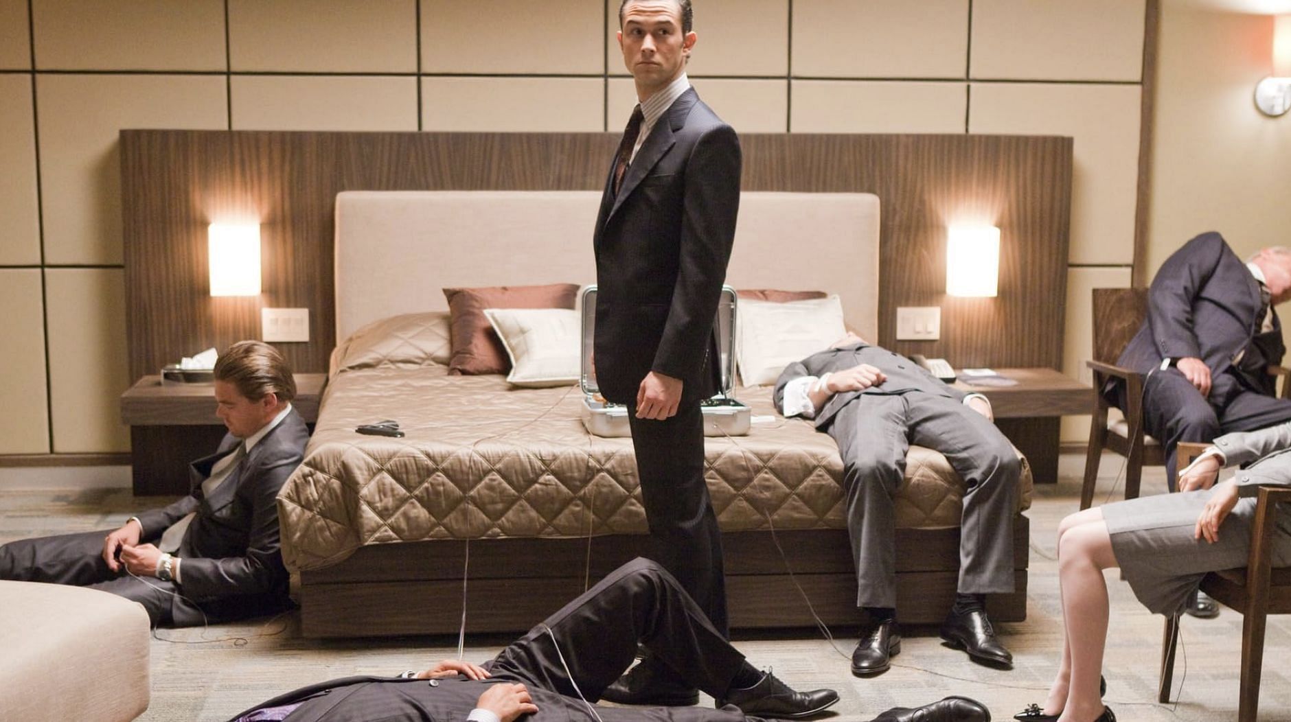 Leonardo DiCaprio, Tom Berenger, Joseph Gordon-Levitt, Tom Hardy, Cillian Murphy, Elliot Page, and Ken Watanabe in Inception (Image via Warner Bros. Pictures, Syncopy)