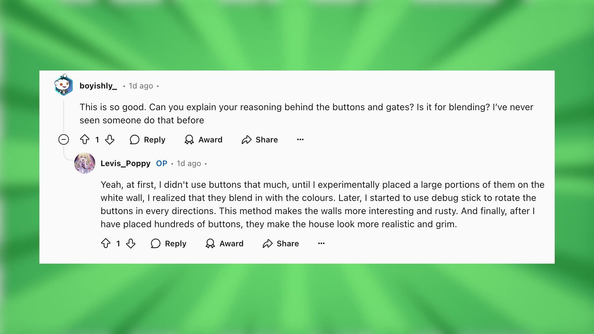 Redditors had some interesting questions about the build (Image via Reddit/Levis_Poppy)