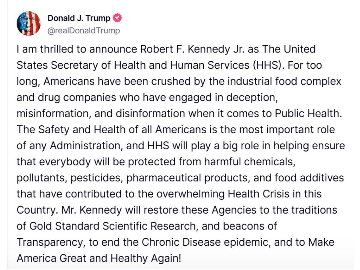 The president-elect&#039;s Truth Social post about RFK Jr. (Image via Truth Social/ @realDonaldTrump)