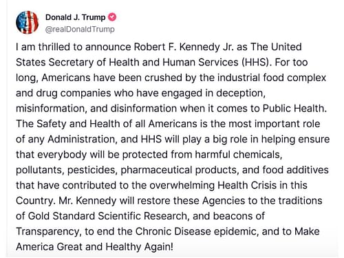 The president-elect's Truth Social post about RFK Jr. (Image via Truth Social/ @realDonaldTrump)