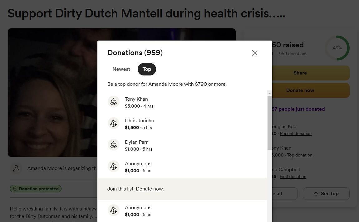 Khan and Jericho&#039;s donations to Dutch Mantell (Image credit: GoFundMe)