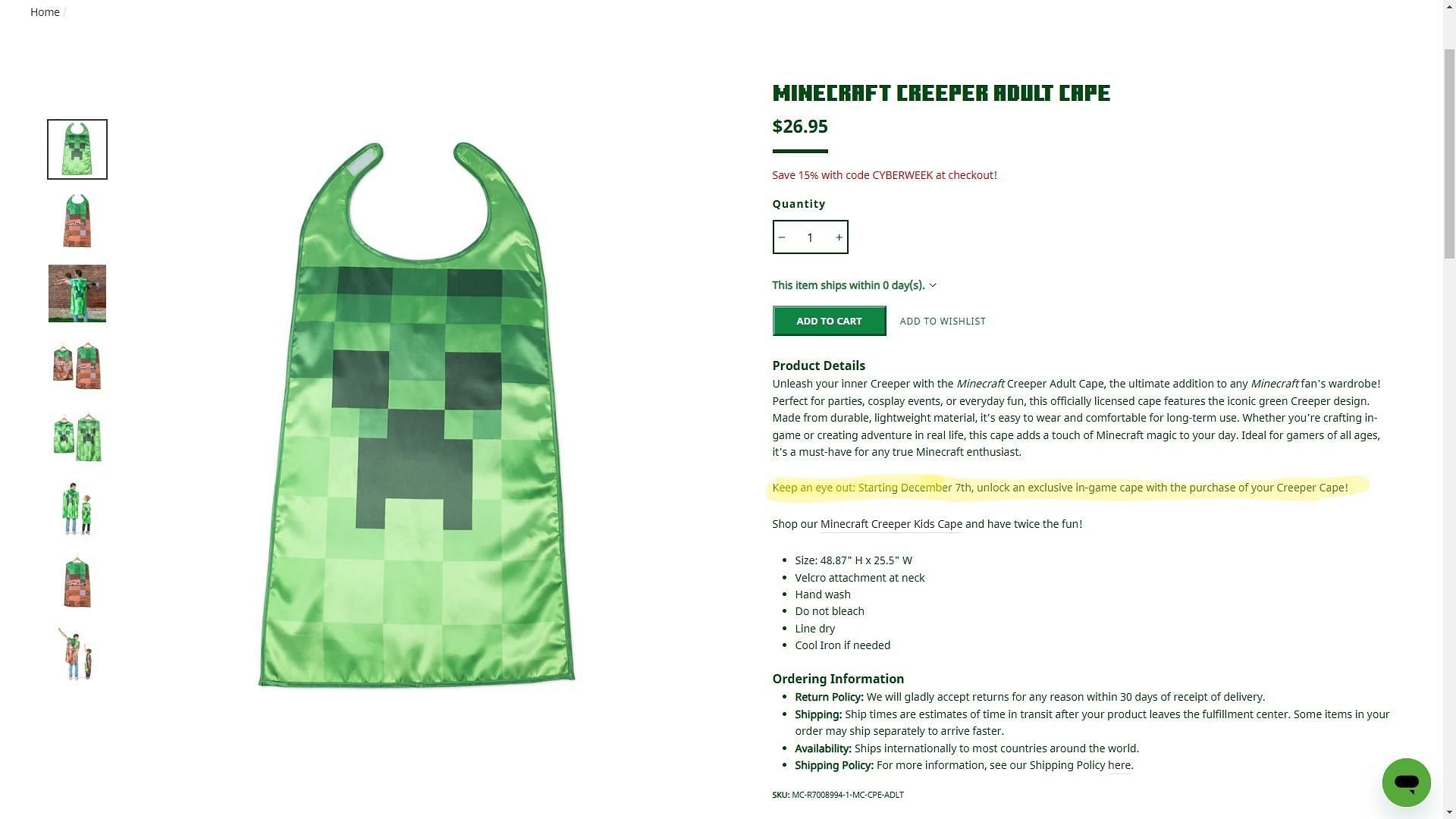 Starting December 7, players will be rewarded with a cosmetic upon purchasing Creeper Cape from the merchandise store (Image via shop.minecraft.com)