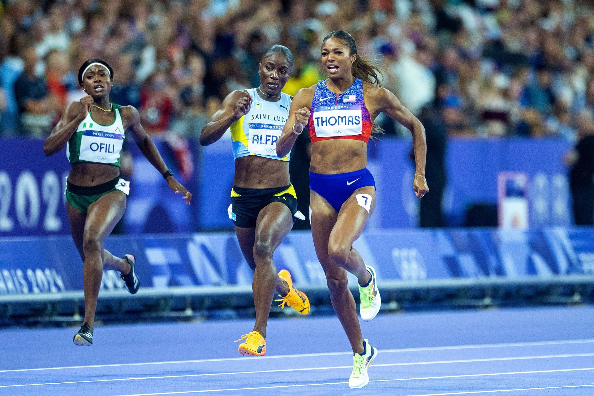 Julien Alfred in action in the women&#039;s 200m finals at the Paris Olympics 2024 [Image Source: Getty]