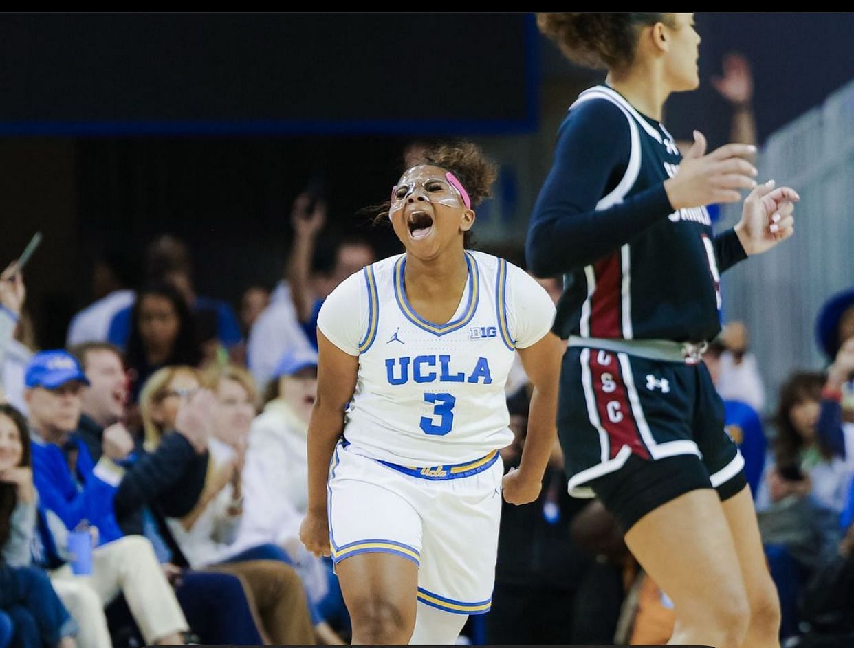 UCLA Londynn Jones celebrates after hitting a three-pointer in 77-62 historic win vs South Carolina. IG image via uclawbb