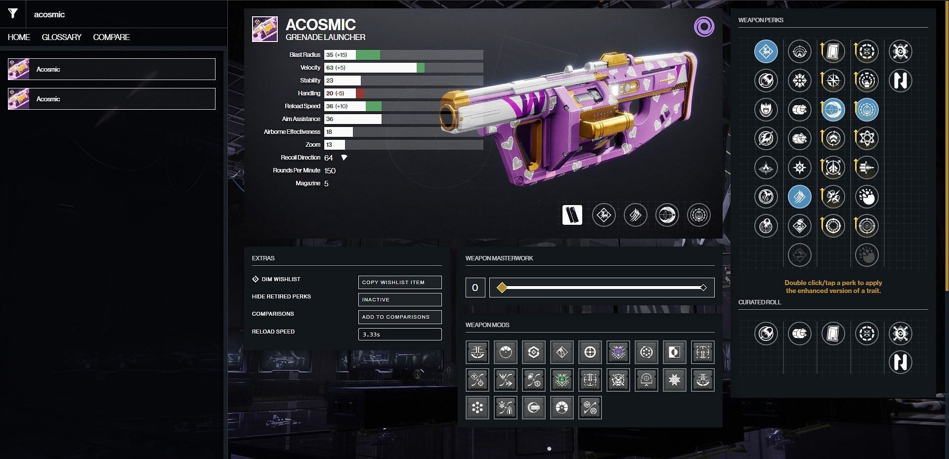 Acosmic PvP god roll in Destiny 2 (Image via Bungie || D2Gunsmith)