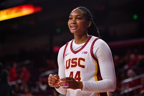 USC Trojans forward Kiki Iriafen warms up before the women's college basketball game against the Cal Poly Mustangs on November 9, 2024 at Galen Center in Los Angeles, CA. Photo: Getty