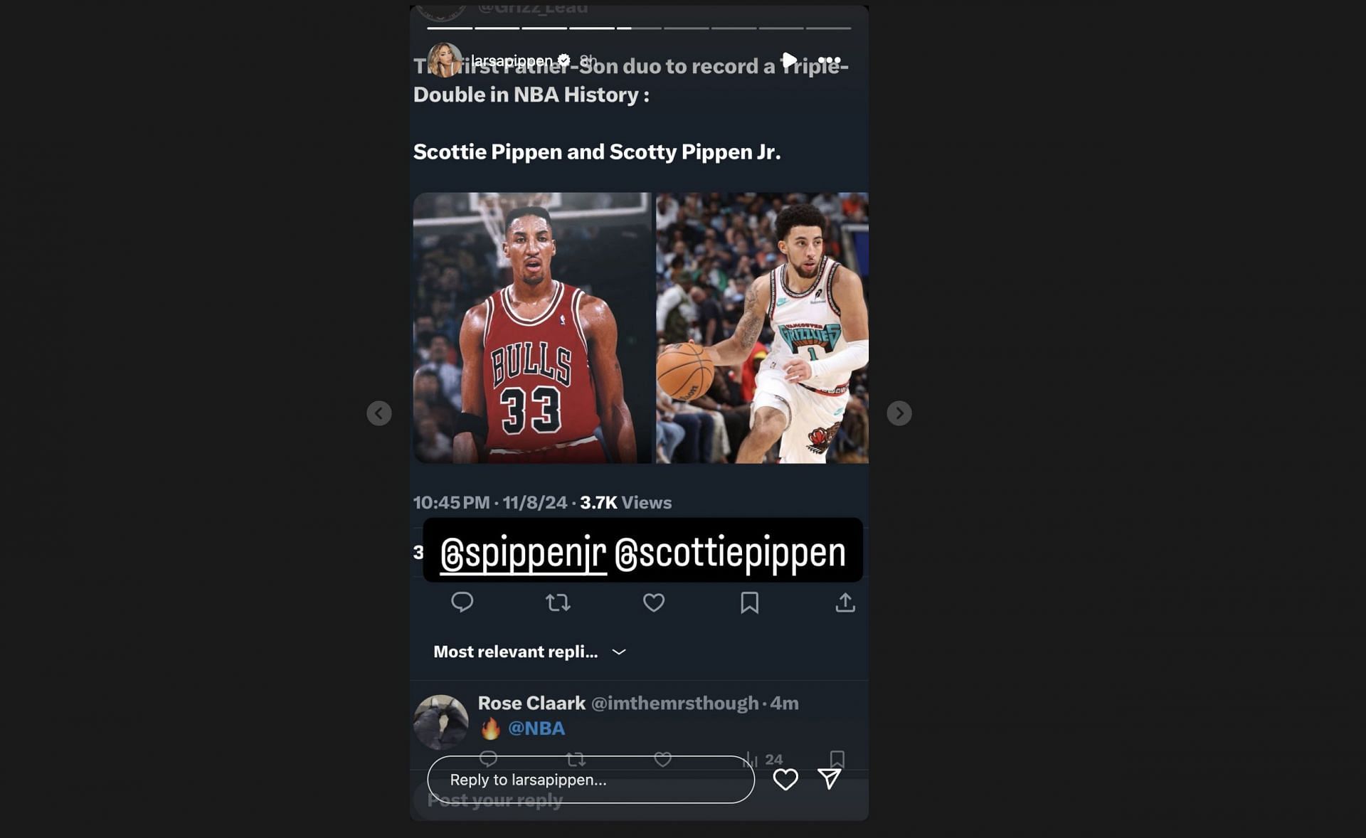 Larsa&#039;s IG story, tagging Scottie Pippen