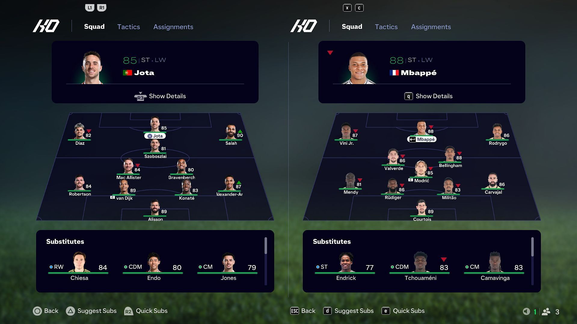 Liverpool vs Real Madrid in FC 25: Player attributes comparison (Image via EA Sports)