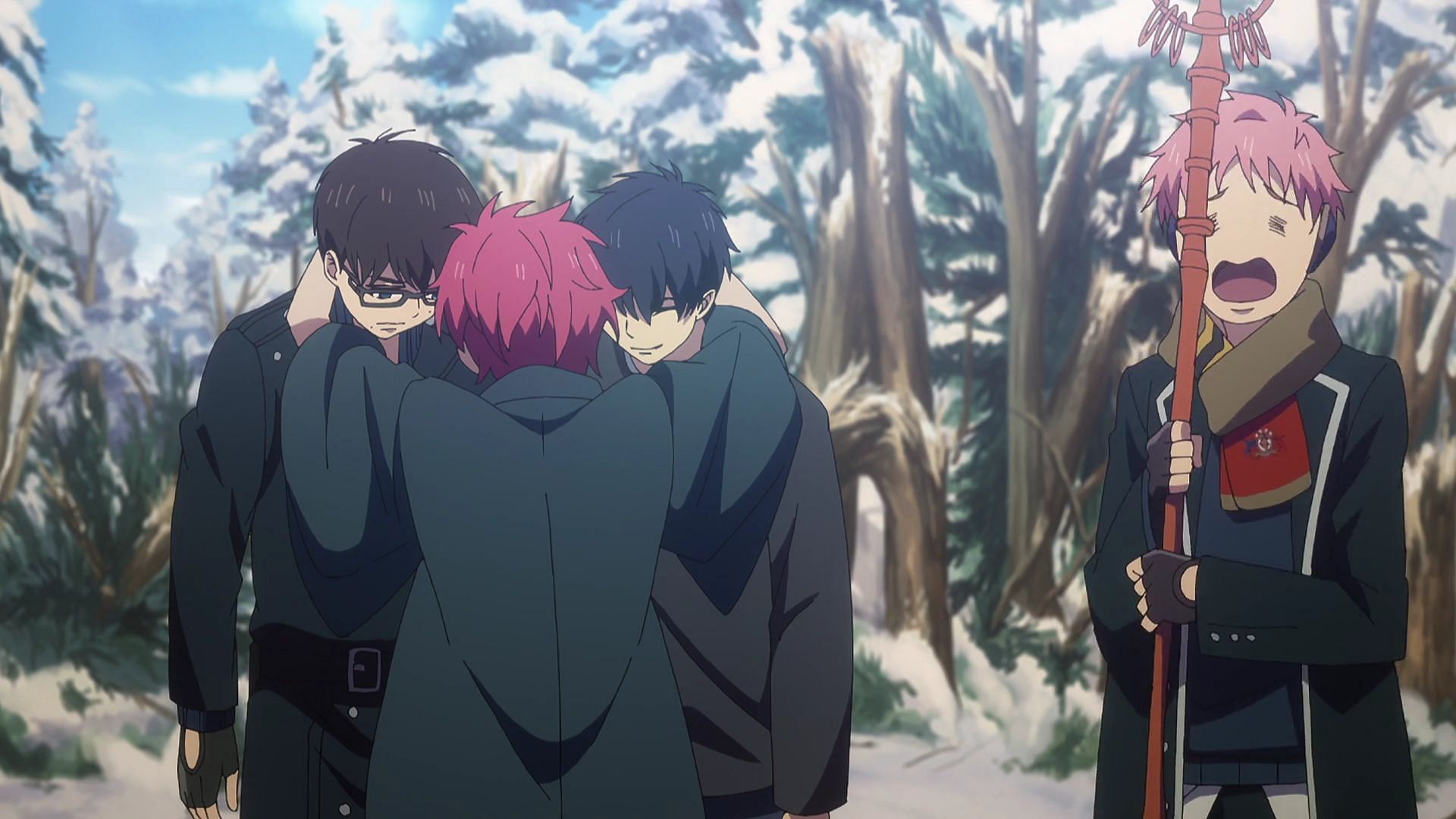 Shura hugging Rin and Yukio while Shima envies them (Image via Studio VOLN)