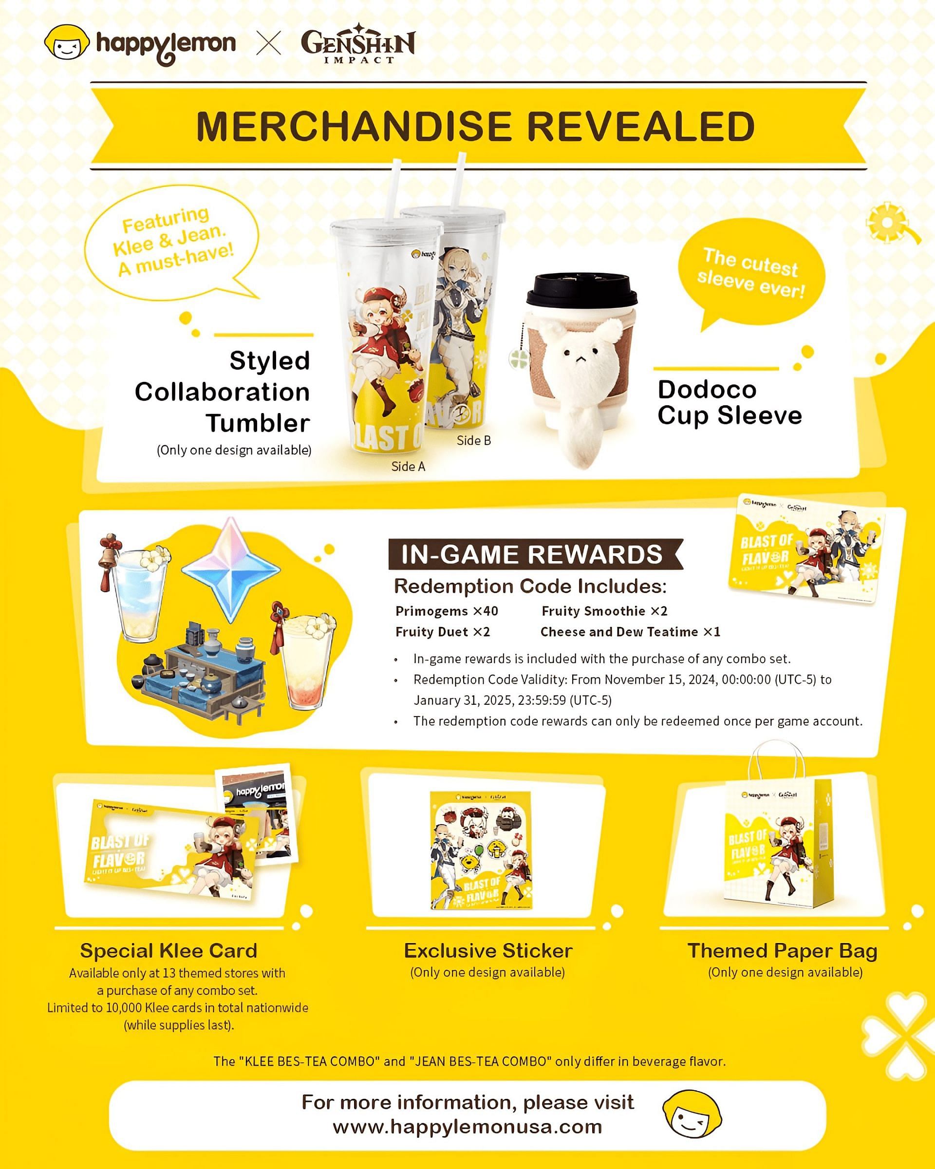 Genshin Impact x Happy Lemon collab exclusive merchandise and in-game rewards (Image via HoYoverse)