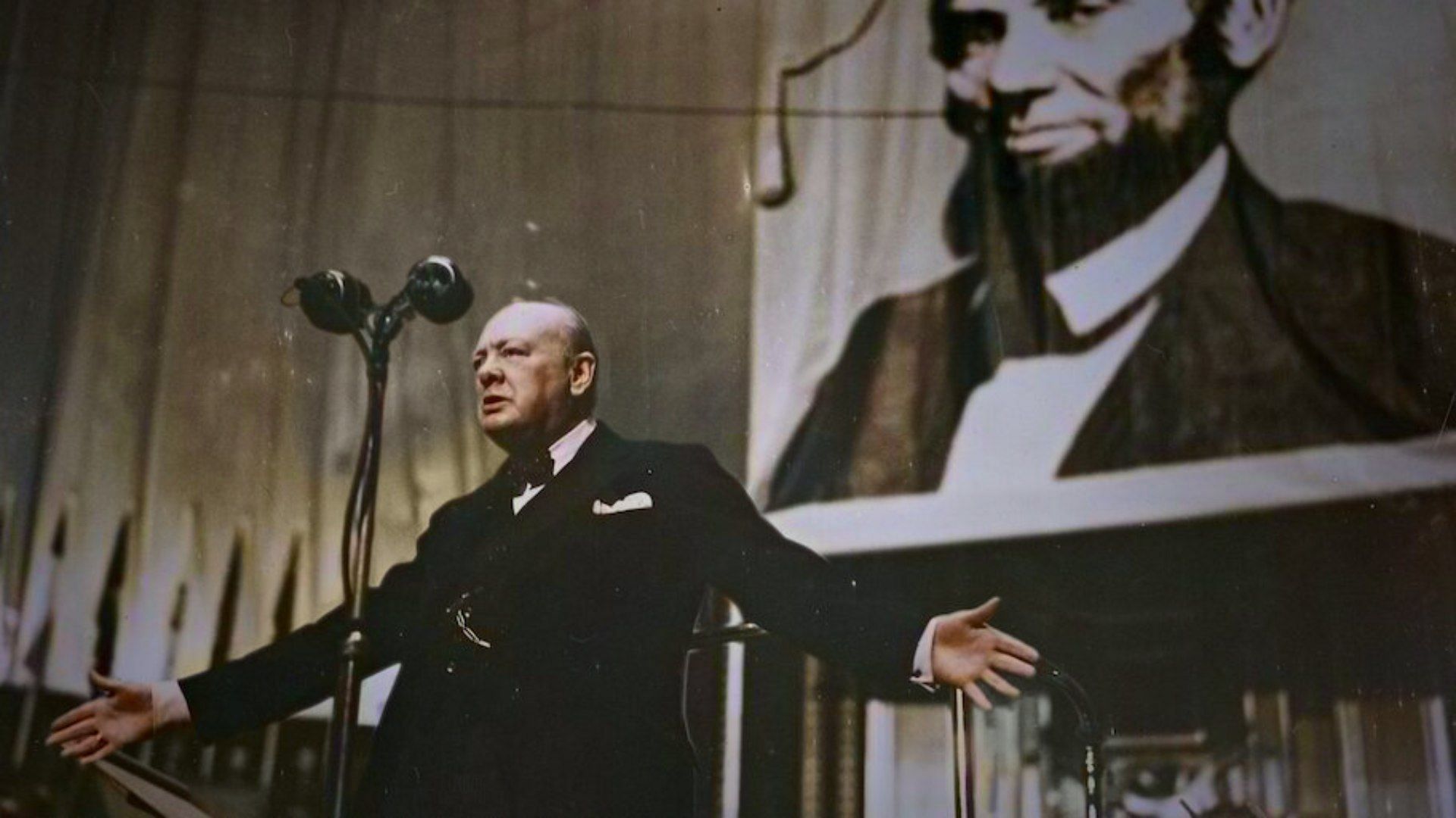 An image of Winston Churchill from the docuseries Churchill at War (Image via Netflix)