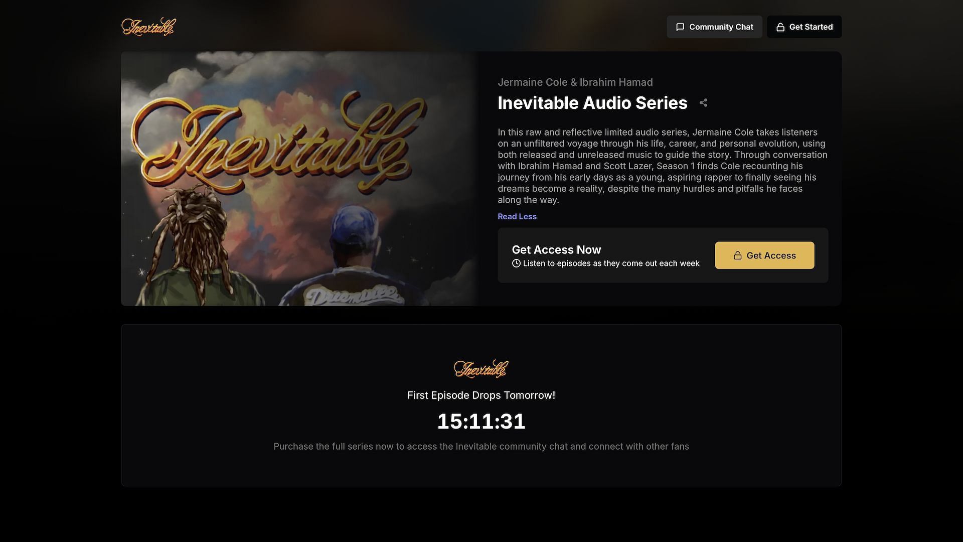 Screenshot of J. Cole&#039;s official website for the launch of his new audio series &#039;Inevitable&#039; (Image via inevitable.live)