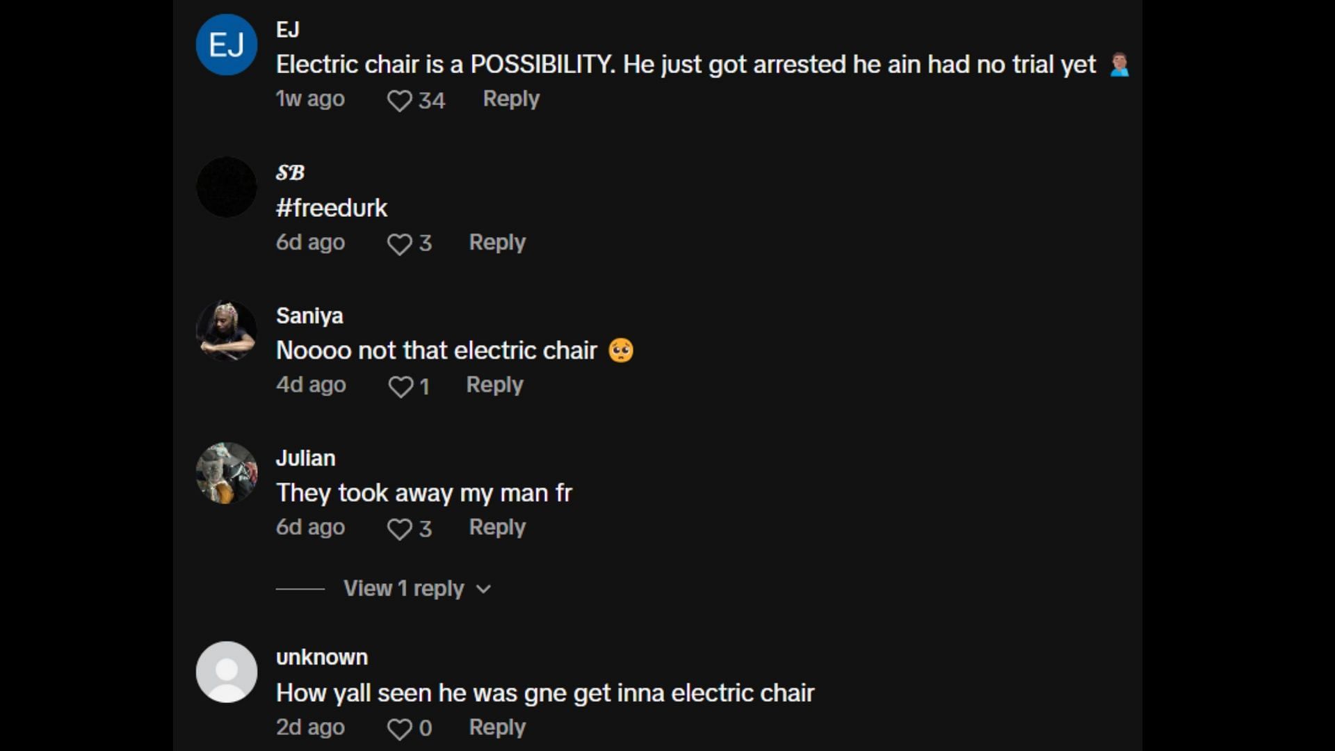 Netizens react to the rumor that Durk will get the electric chair. (Image via TikTok)