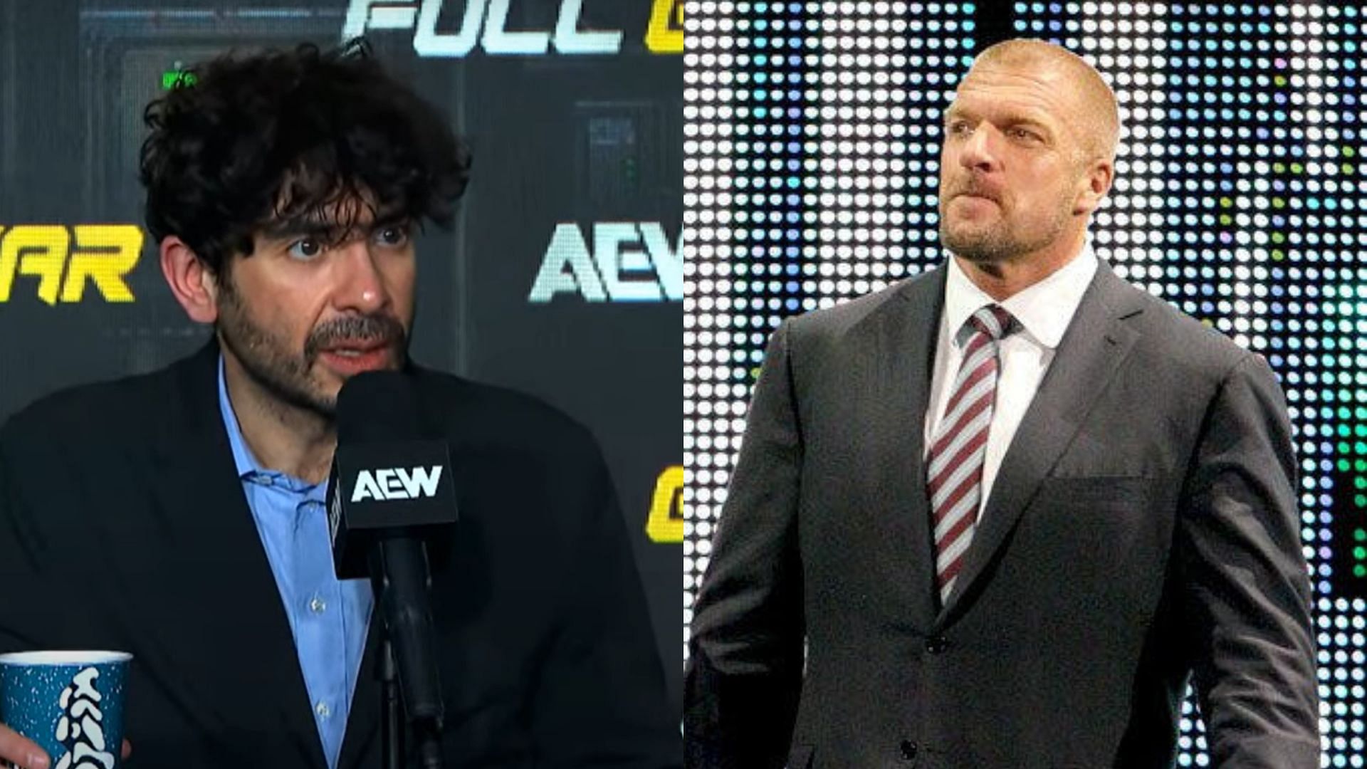 AEW president Tony Khan (left) and WWE CCO Triple H (right). (Image credits: AEW YouTube channel &amp; wwe.com)