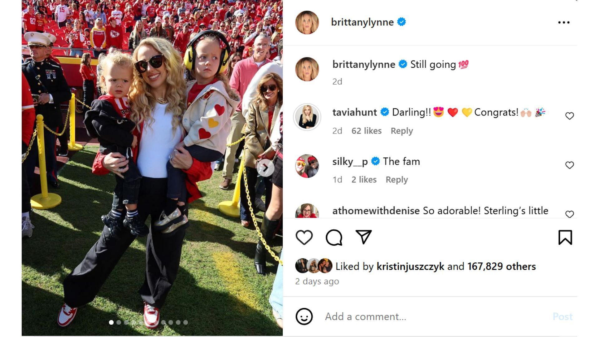 Patrick Mahomes family poses at the Arrowhead Stadium at the Broncos Week 11 game [Image credit: @brittanylynne IG]