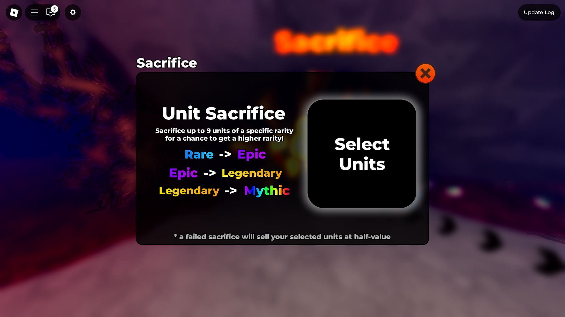 Use Unit Sacrifice to fuse units and get a rarer one (Image via Roblox)