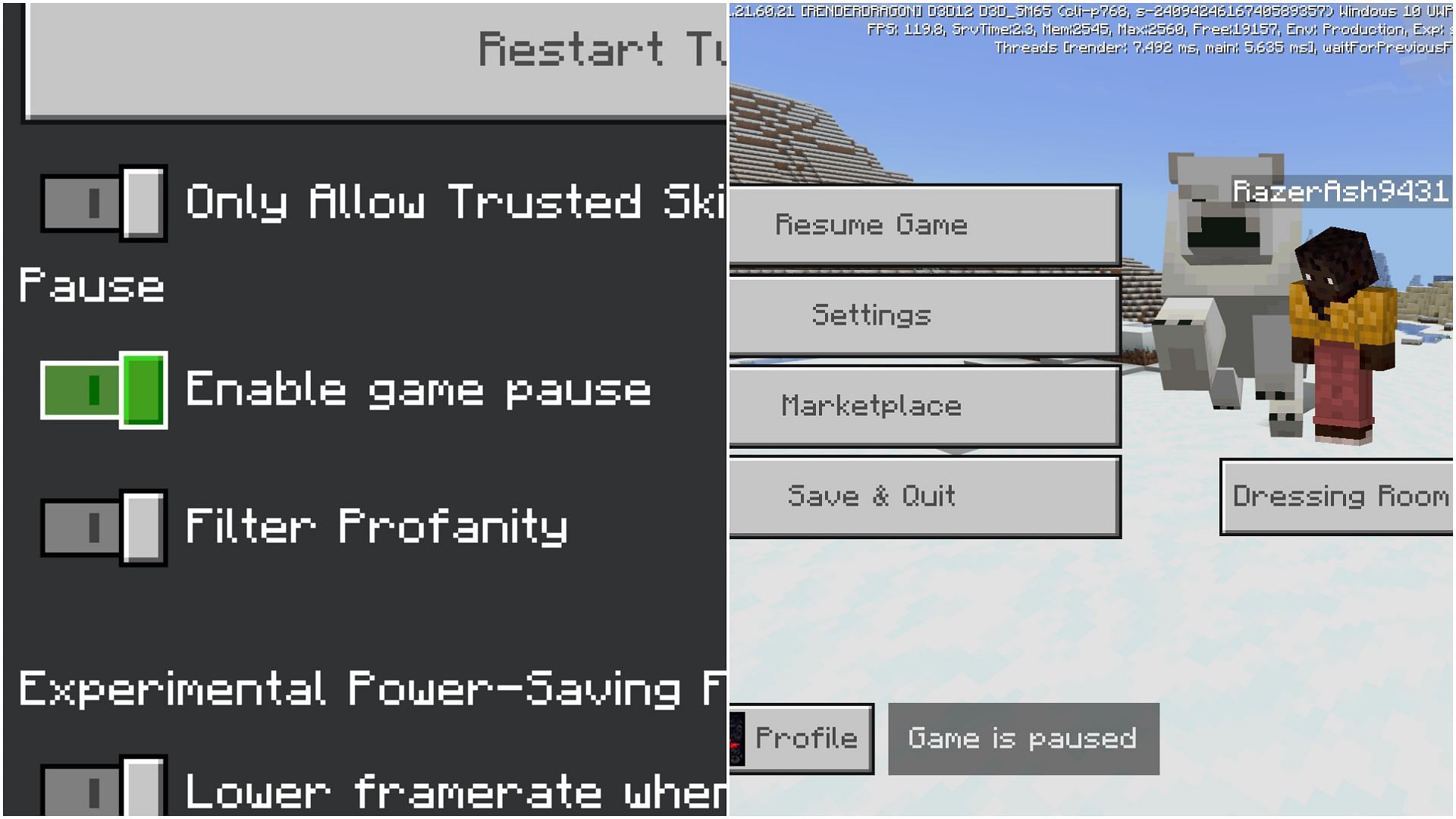 The pause menu will actually pause the entire single-player world now. (Image via Mojang Studios)