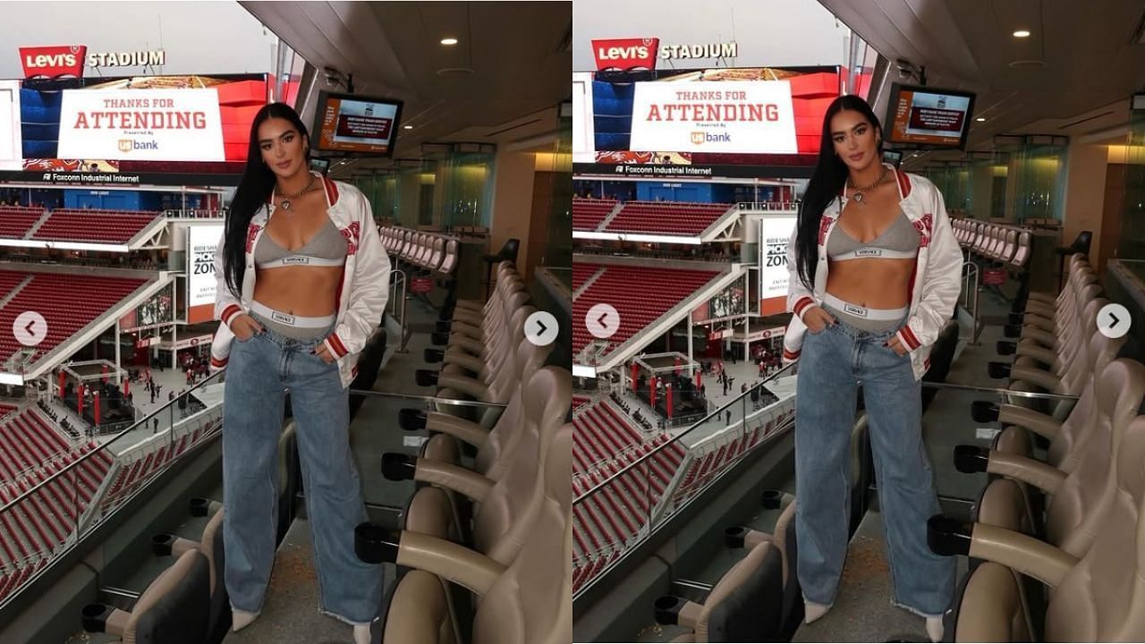 Claire Kittle IG post from Nov 19 at Levi&#039;s stadium in Versace outfit