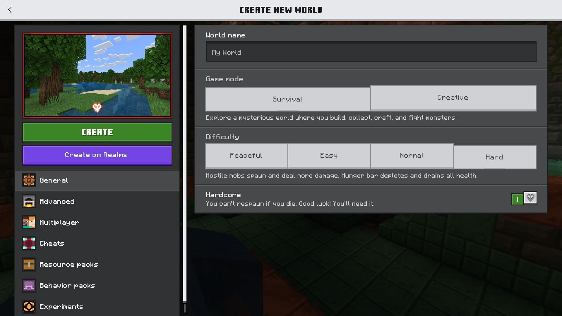 Hardcore mode can be activated while creating a new world. (Image via Mojang Studios)