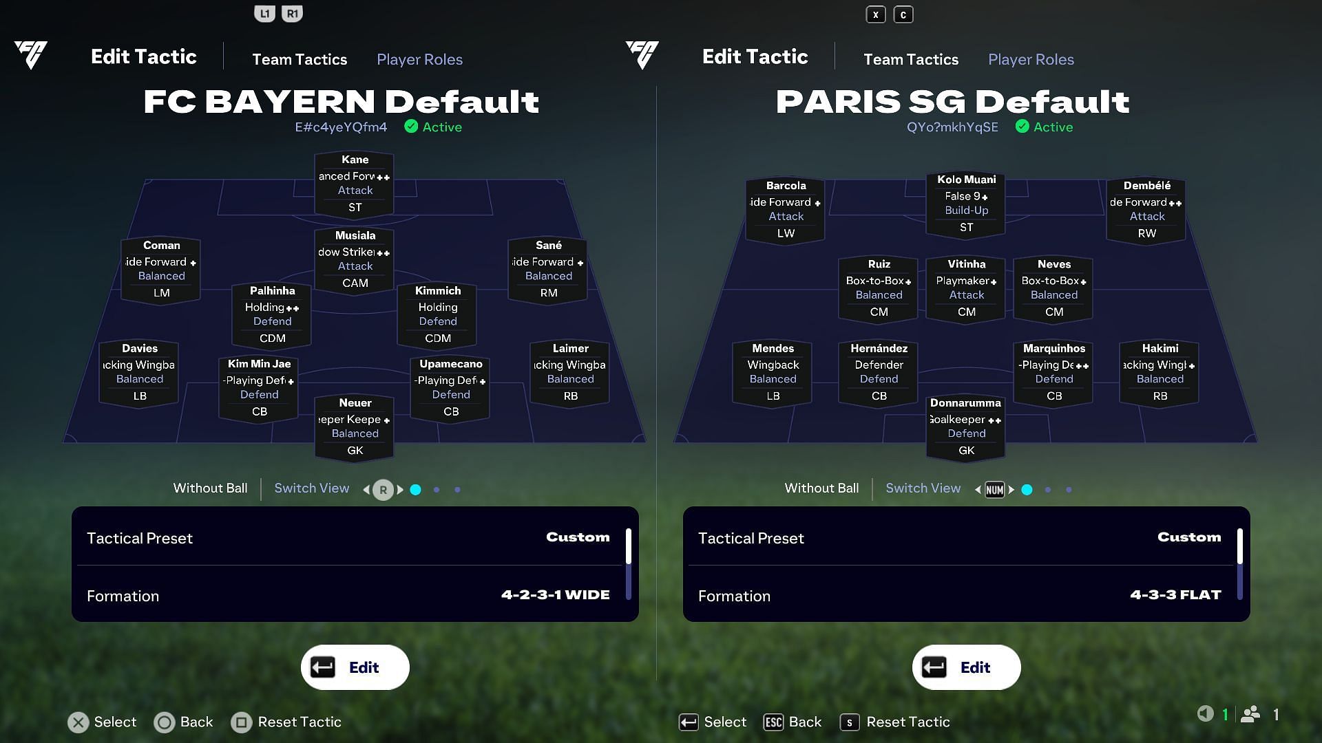 Bayern Munich vs PSG: Player Role comparison (Image via EA Sports)