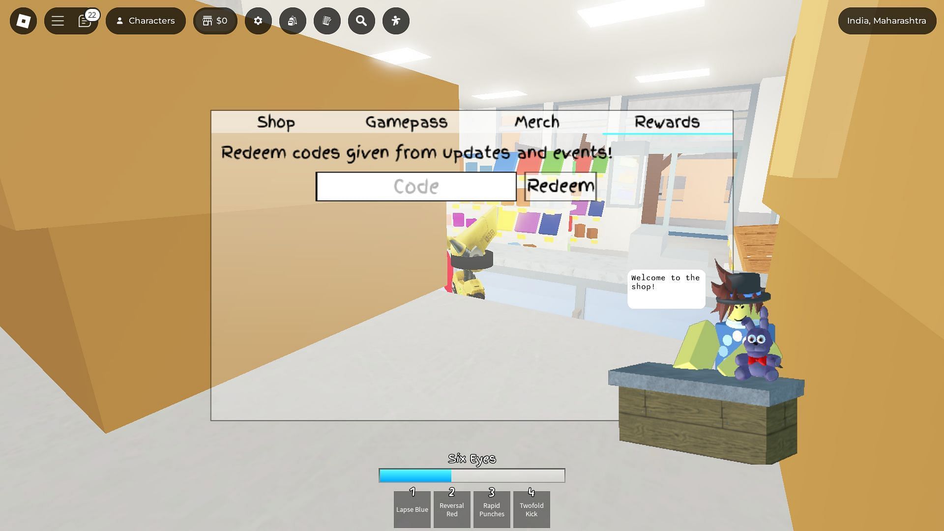 Code box in Jujutsu Shenanigans (Image via Roblox)