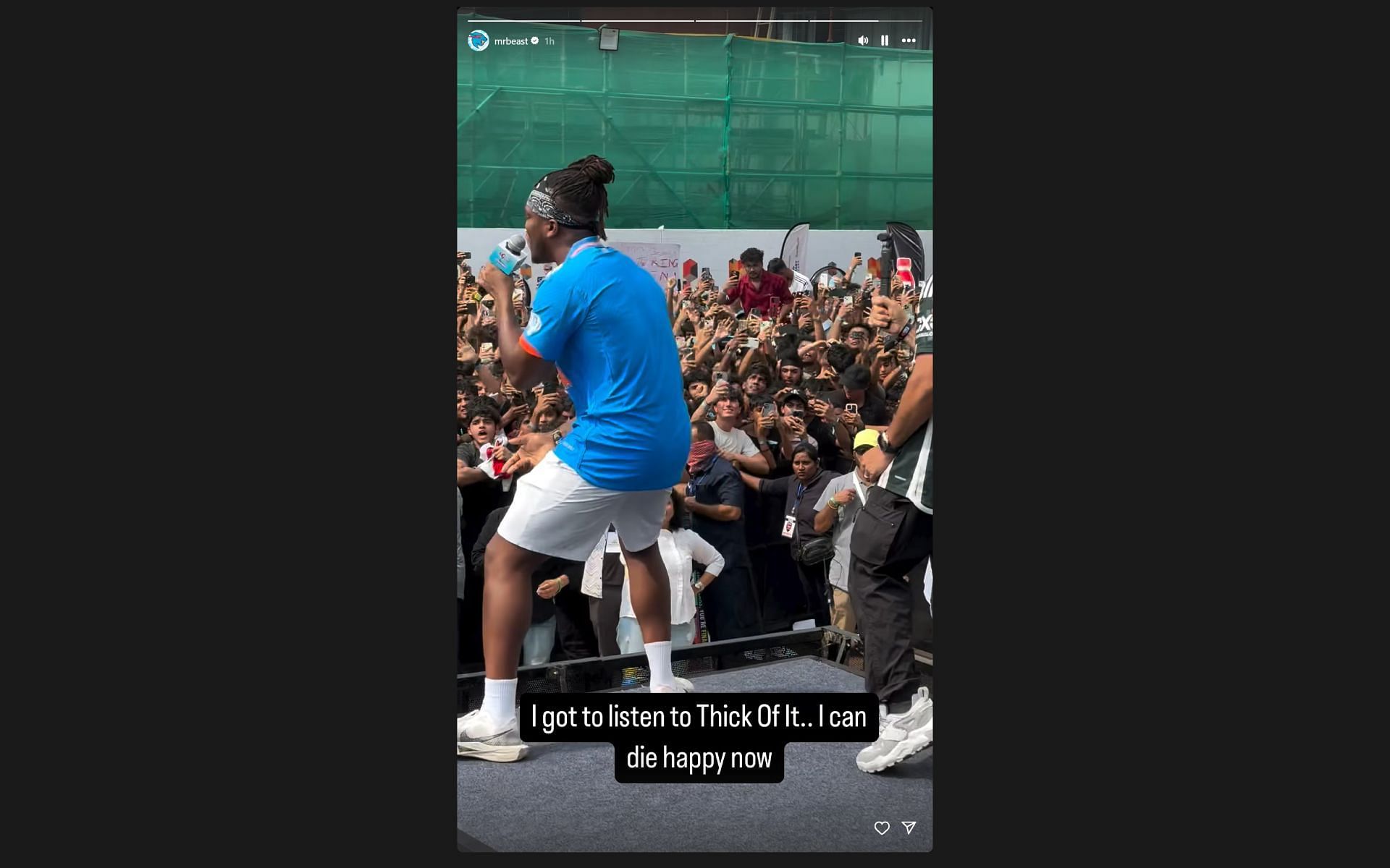 MrBeast&#039;s Instagram Story, dated November 10, 2024, showcasing KSI performing Thick Of It in India. (Image via @mrbeast/Instagram)