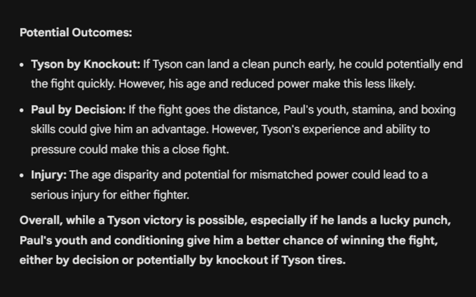 Screenshot of Google's AI prediction for Jake Paul vs. Mike Tyson