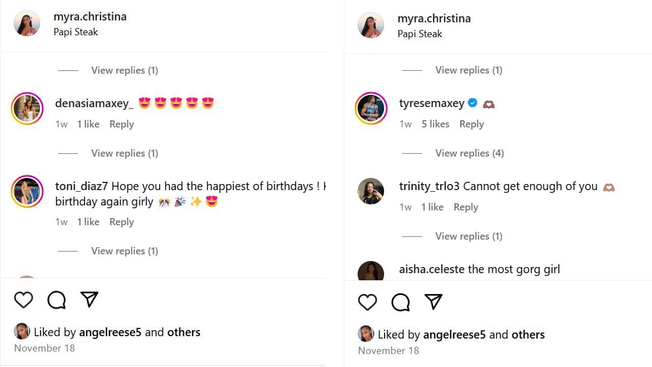 Maxey and his sister Denasia's reactions to Myra Gordon's birthday post on Instagram. [photo: @myra.christina/IG]