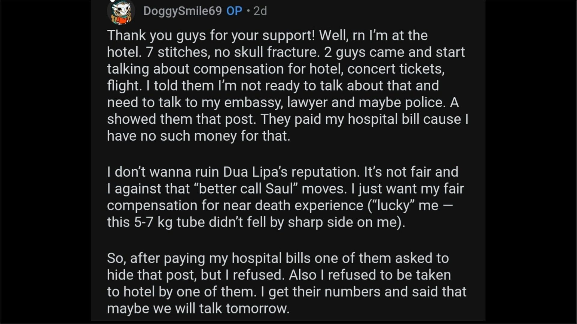 The injured fan stated that he expected fair compensation. (Photo via DoggySmile69/Reddit)