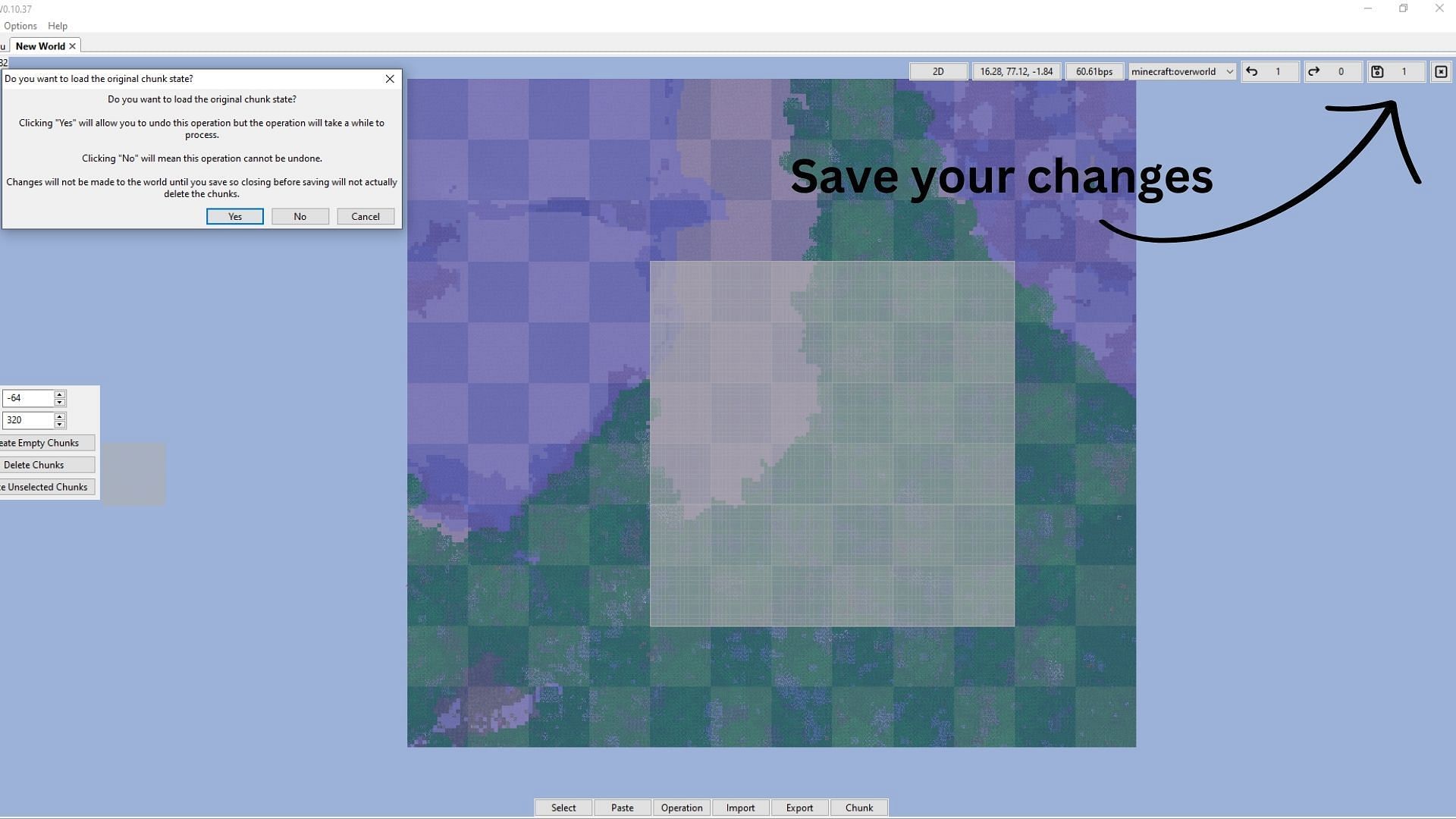 Click save to reset chunks in Minecraft (Image via Amulet || Mojang)