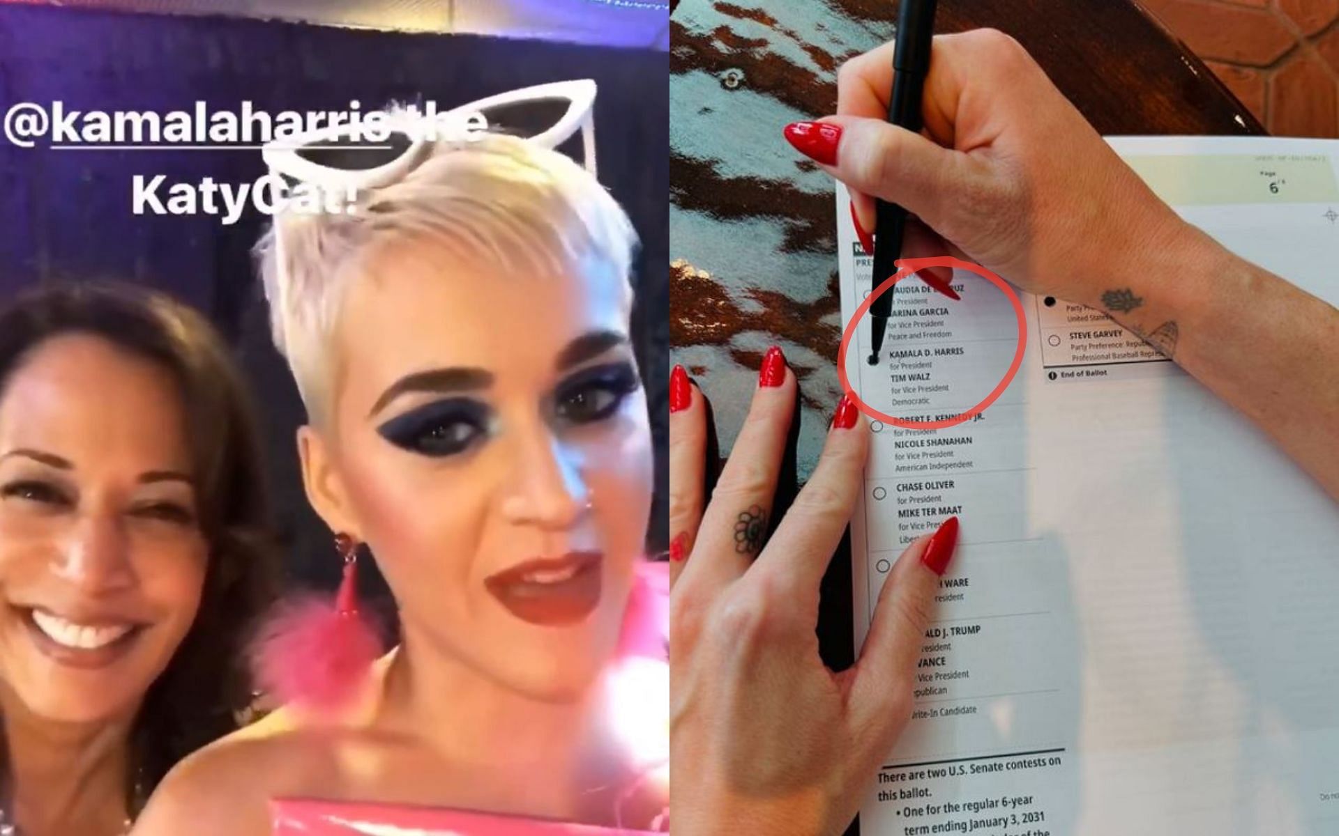 Katy Perry (left photo, right) drew some flak from a former UFC fighter for her voting for Kamala Harris (right). [Image credit: @katyperry on Instagram]