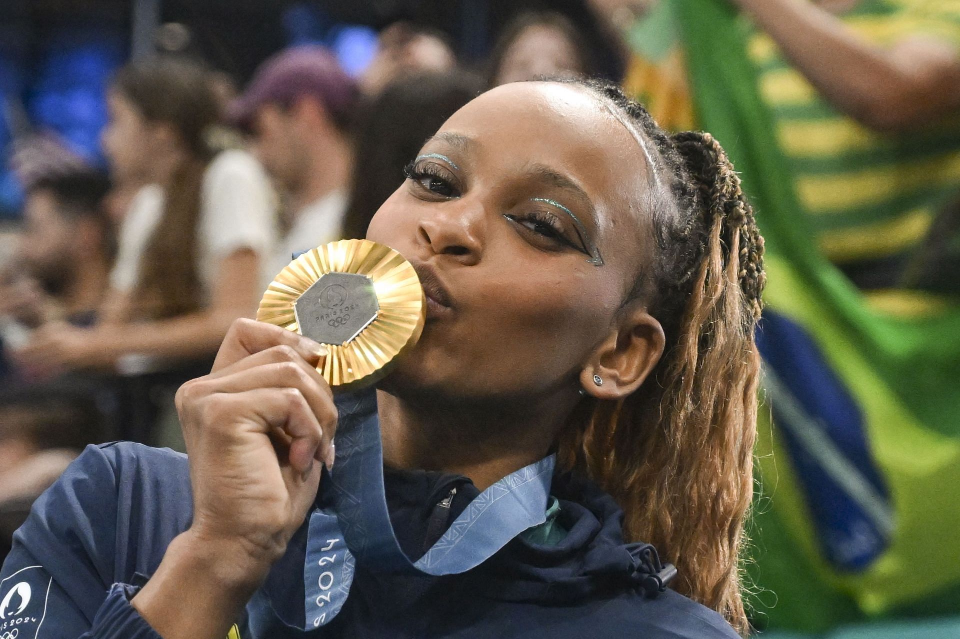 Artistic Gymnastics - Olympic Games Paris 2024: Rebeca Andrade kisses her Olympic gold medal (Image: Getty)