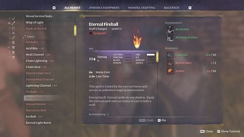 Crafting screen for Eternal Fireball in Enshrouded (Image via Keen Games)