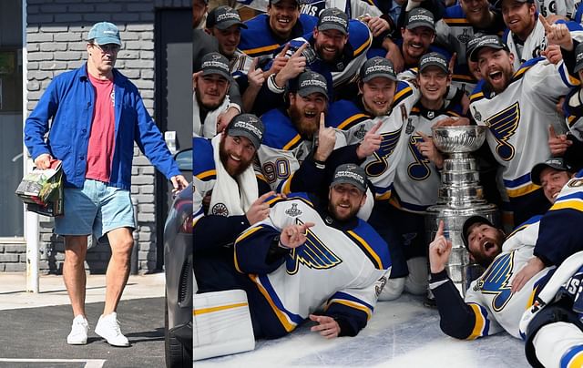 Jon Hamm and his cap partied with 2019 Stanley Cup champs St. Louis Blues (Images via Getty)