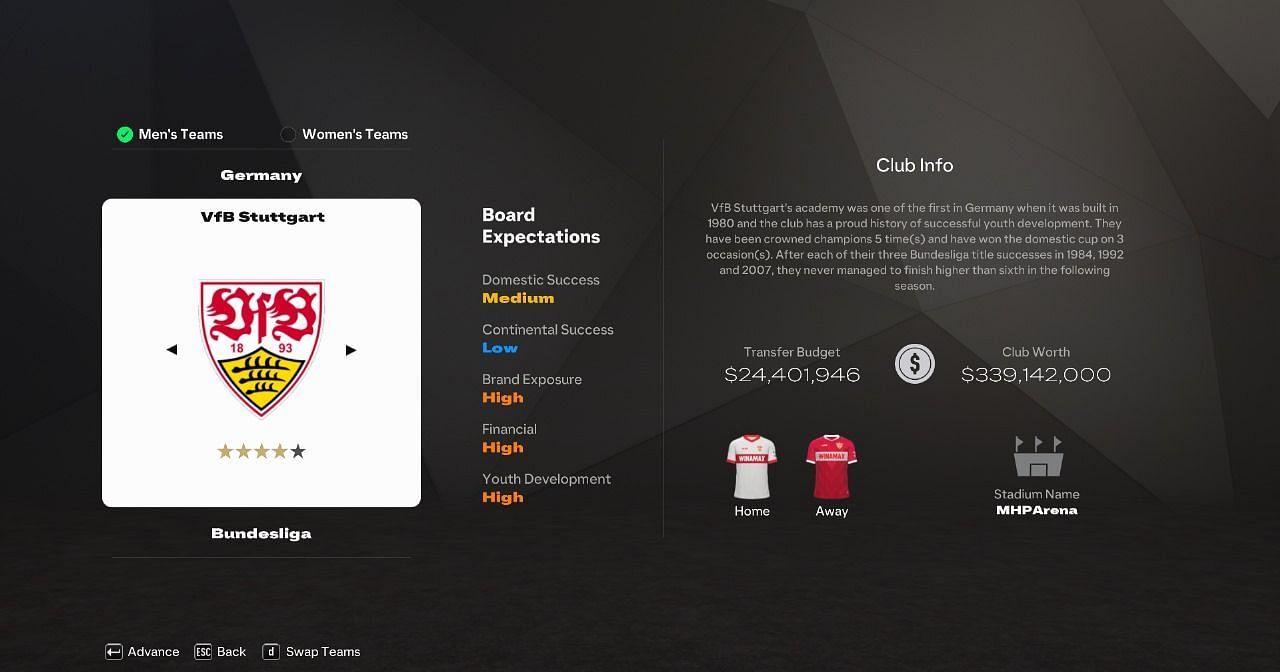 Stuttgart VfB as seen in the game (Image via EA Sports)