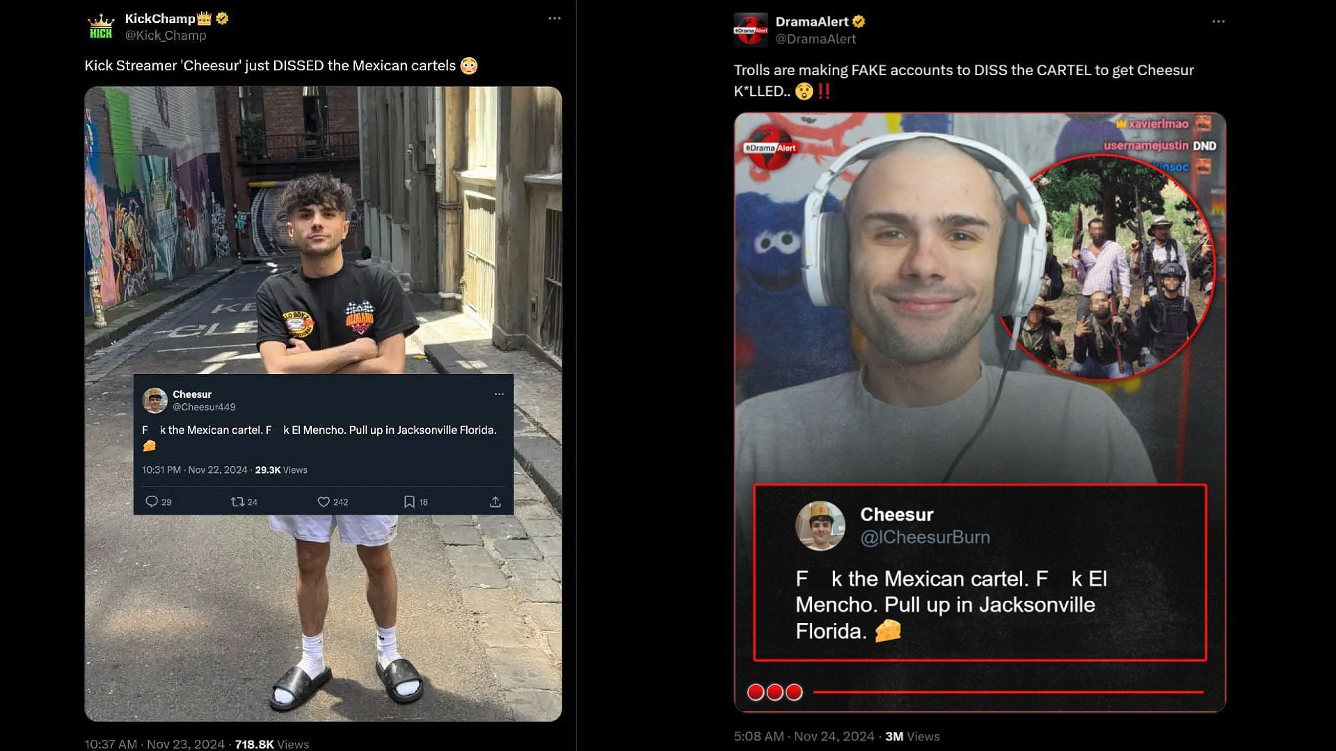 A now-deleted post (left) shows the initial reports of Cheesur making the alleged posts while a recent post by DramaAlert (right) states that the posts have been made by &quot;trolls&quot; (Image via @Kick_Champ and @DramaAlert/X)