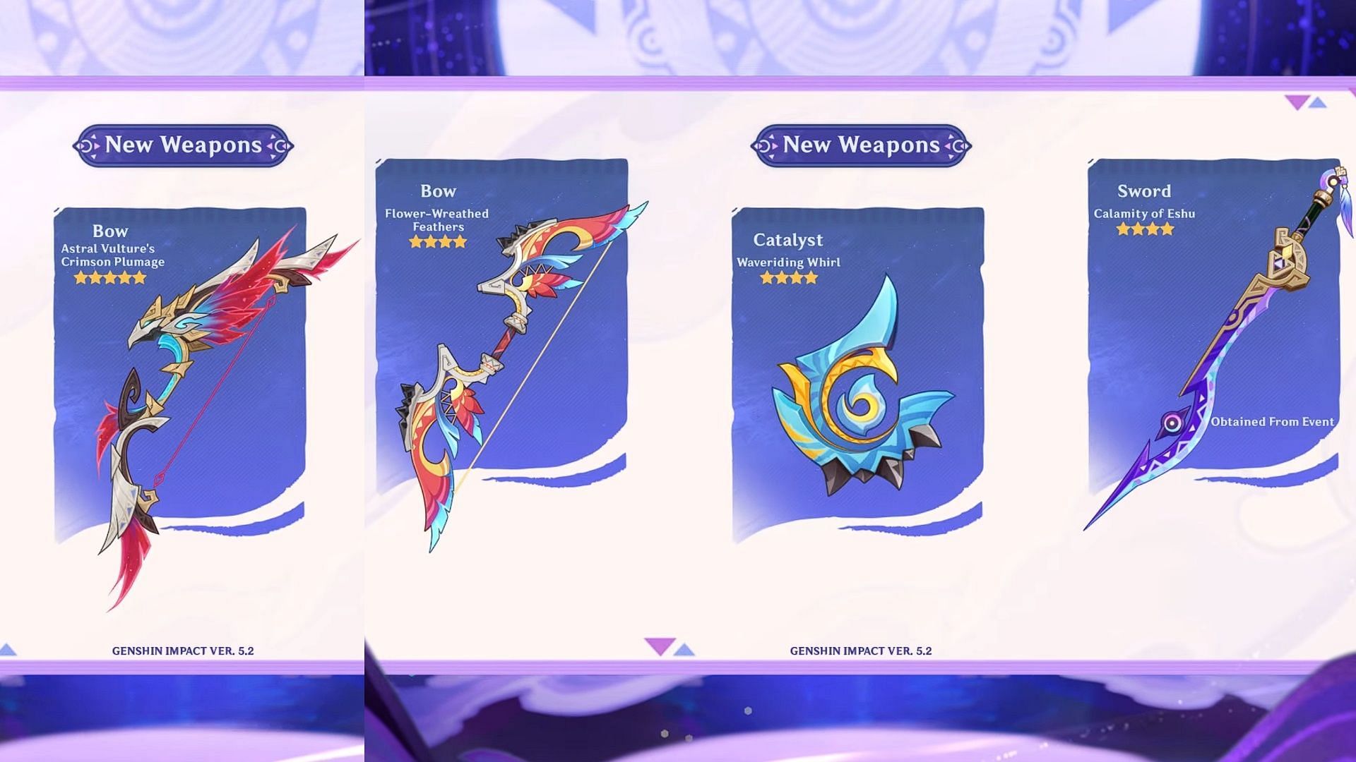 Four news weapons in version 5.2 (Image via HoYoverse)