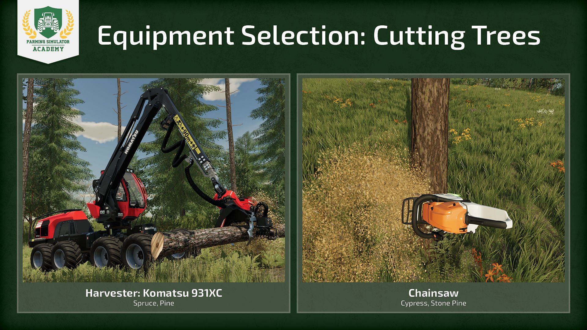 This is the recommended equipment for cutting conifer trees (Image via Giants Software)