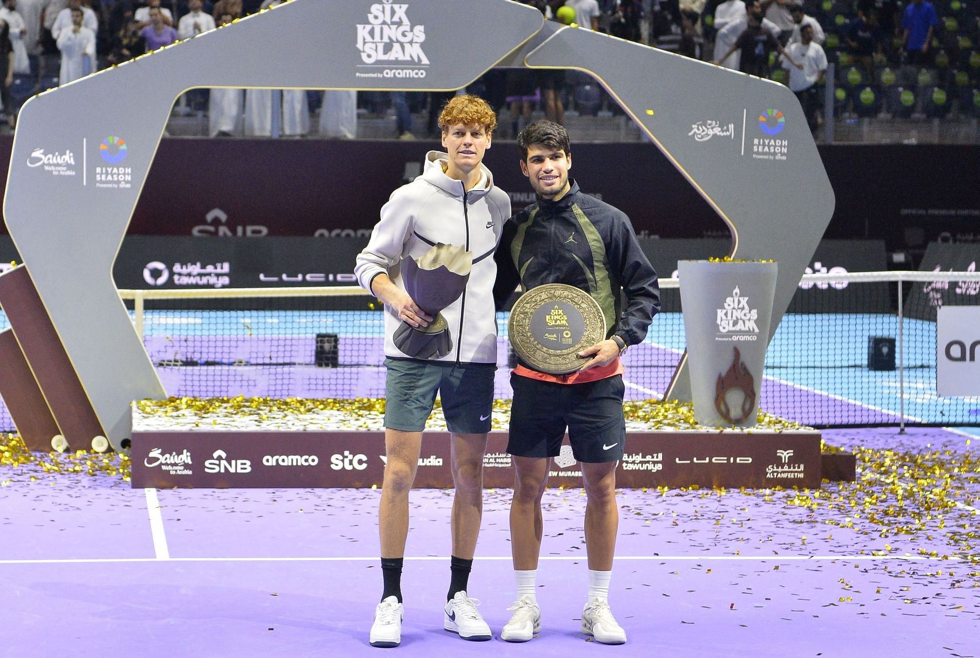 Jannik Sinner (L) and Carlos Alcaraz at the Six Kings Slam (Image: Getty)