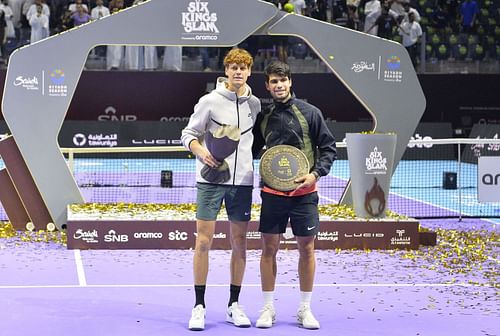 Jannik Sinner (L) and Carlos Alcaraz at the Six Kings Slam (Image: Getty)