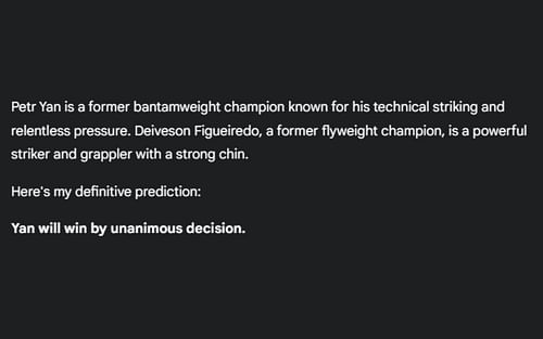 Screenshot of Google's AI prediction for Petr Yan vs. Deiveson Figueiredo