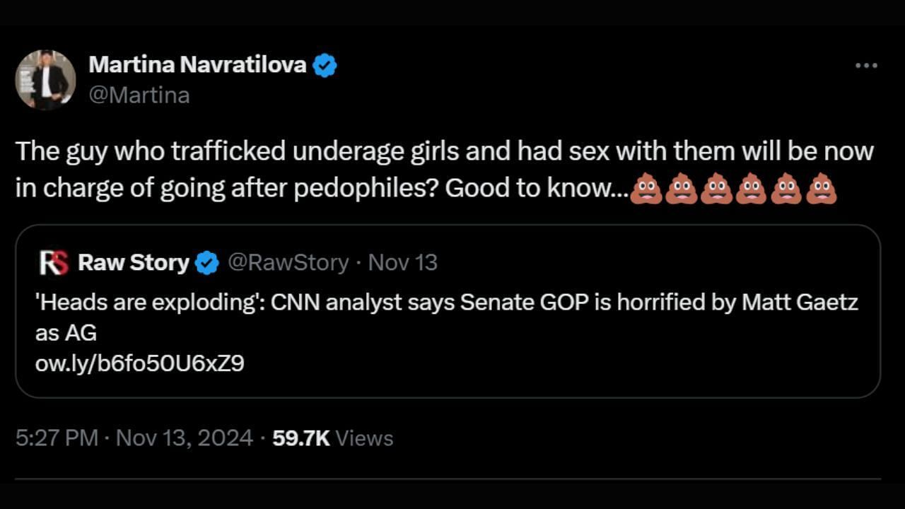 Martina Navratilova reacts to Matt Gaetz's appointment (image via X/@Martina)