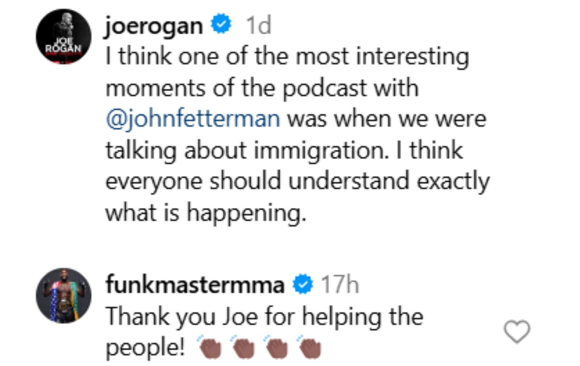 Aljamain Streling&#039;s comment on Joe Rogan&#039;s Instagram post. [Screeenshot courtesy: @joerogan on Instagram]